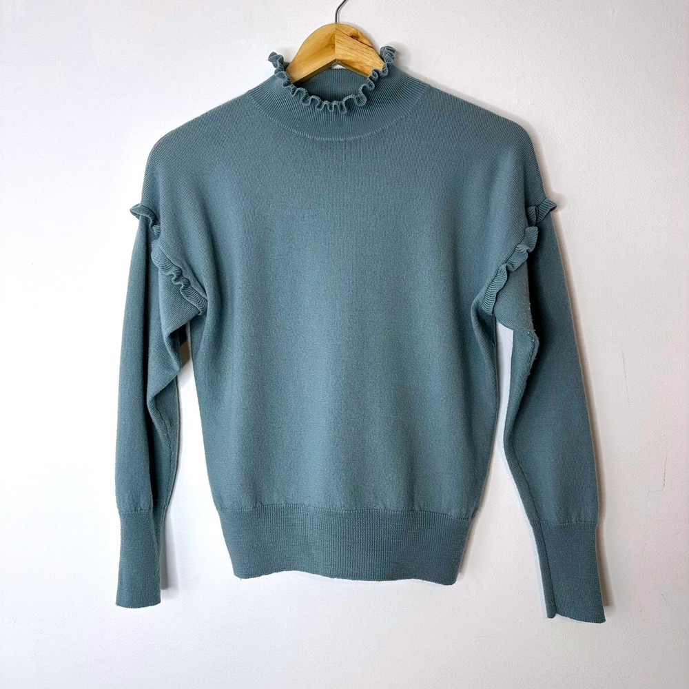 Rebecca‎ Taylor Merino Wool Ruffle Trim Mock Neck Sweater Blue Womens Size S